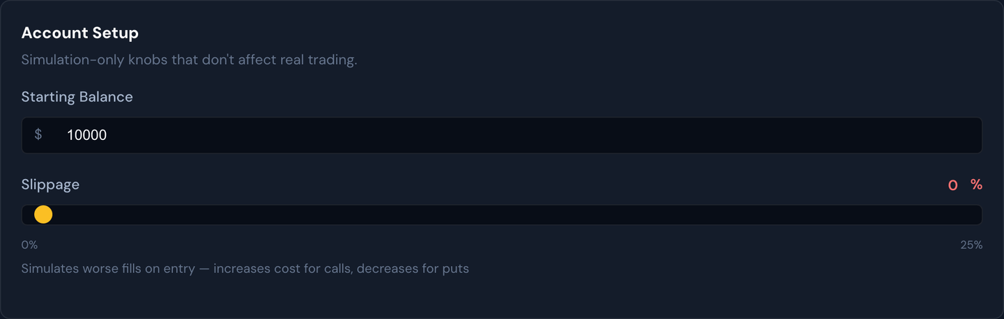 The Account Setup section — starting balance and slippage