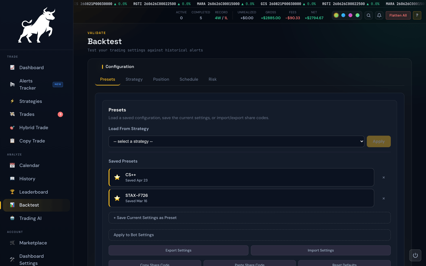 The Backtest page where you configure settings and replay historical alerts