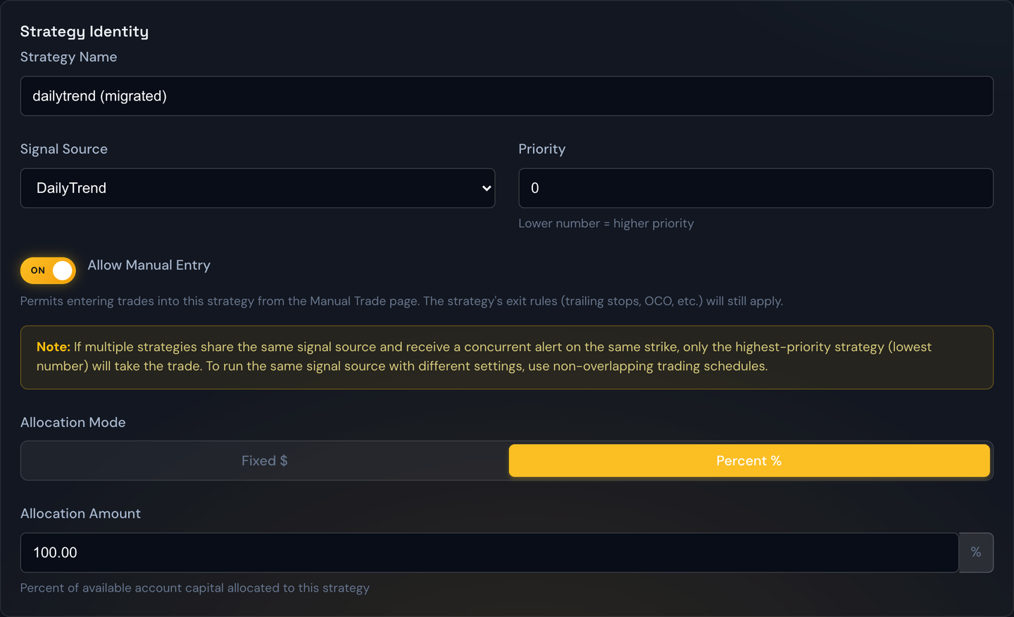 Setting a strategy's capital allocation in the strategy editor