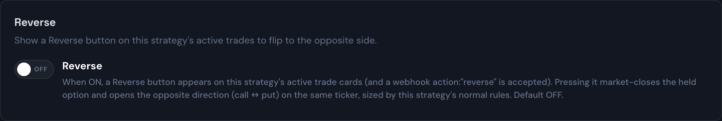 The Reverse toggle and strike offset on the Strategies page