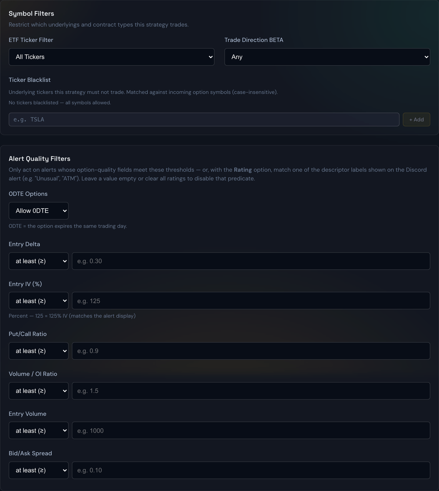The Filters tab of the strategy editor