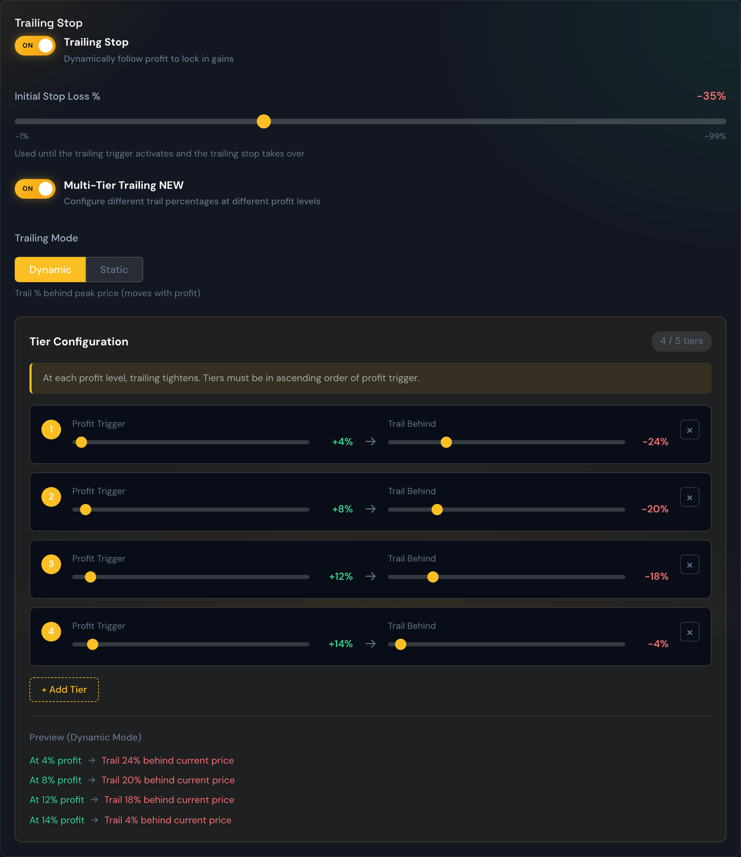 The Trailing tab of the strategy editor