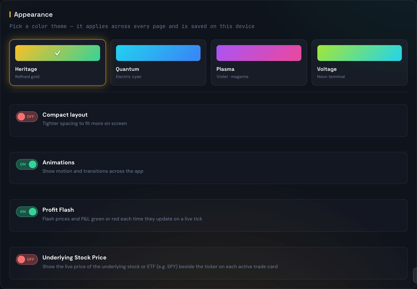 The four color themes, plus the Compact layout, Animations, Profit Flash, and Underlying Stock Price toggles, in Dashboard Settings → Appearance