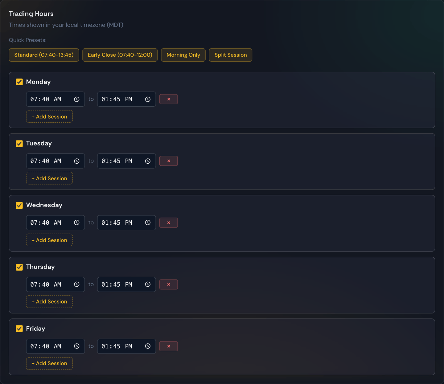 The Trading Hours window settings in the strategy editor